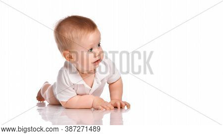 Portrait Of Happy Crawling Baby Boy Isolated On White