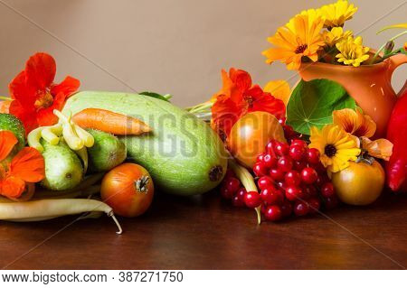 Autumn Colorfull  сomposition With Raw Vegetables Cucumbers, Zucchini, Tomatoes, Yellow Green Beans,