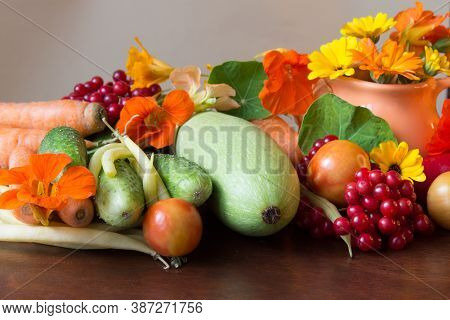 Autumn Colorfull  сomposition With Raw Vegetables Cucumbers, Zucchini, Tomatoes, Yellow Green Beans,
