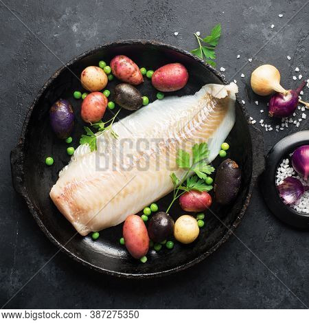 Cod White Fish Potatoes Dish Ingredients For Healthy Comfortable Home Food. Raw White Fish Fillet In