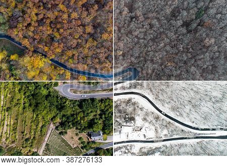 Seasons Concept Summer Winter Fall Spring Aerial View Winding Road Serpentine Mountain Pass Village 