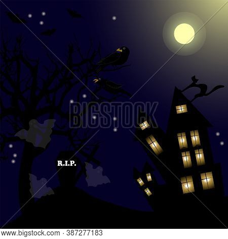 Haunted Witch House With Black Cat, Ravens And Moon