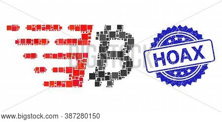 Vector Collage Bitcoin, And Hoax Scratched Rosette Stamp Seal. Blue Stamp Seal Has Hoax Caption Insi