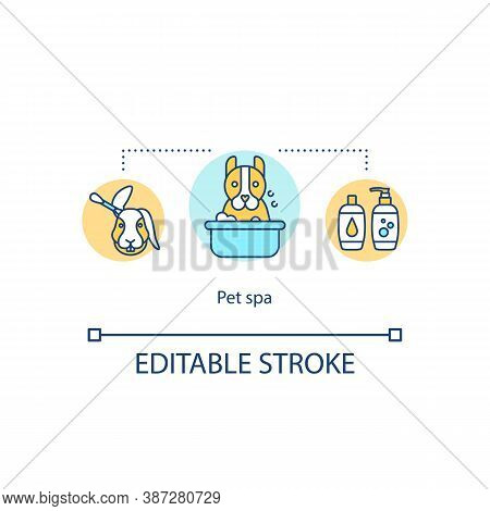 Pet Spa Salon Concept Icon. Animal Care. Ears Cleaning And Bathing. Pet Grooming Services Idea Thin 