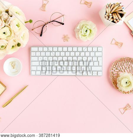 Stylized, Pink Womens Home Office Desk. Workspace With Computer, Bouquet Ranunculus And Roses, Clipb