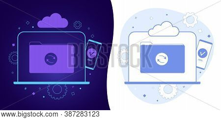 Cloud Sync Vector Concept With Black And White Background, Dark Ultra Violet Neon Glowing Thin Icon 