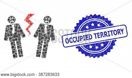 Vector Collage Businessmen Conflict, And Occupied Territory Corroded Rosette Stamp Seal. Blue Stamp 
