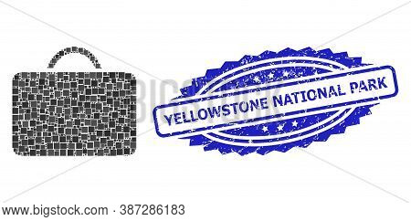 Vector Collage Case, And Yellowstone National Park Grunge Rosette Seal Imitation. Blue Seal Has Yell