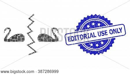 Vector Collage Divorce Swans, And Editorial Use Only Grunge Rosette Stamp. Blue Stamp Seal Includes 