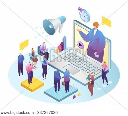 Business Web Conference, Businessman Videoconferencing With Colleagues On Laptop Vector Illustration