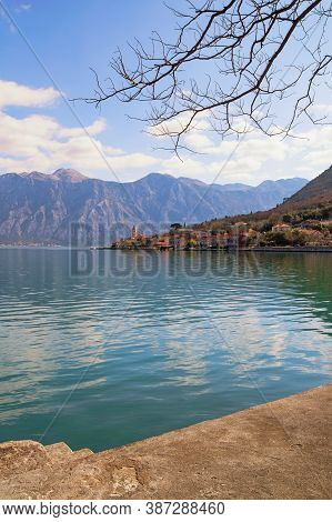 Beautiful  Mediterranean Landscape On Sunny Winter Day. Montenegro, Adriatic Sea. View Of Kotor Bay 
