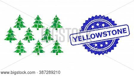 Vector Mosaic Fir Forest, And Yellowstone Corroded Rosette Stamp. Blue Stamp Includes Yellowstone Ta