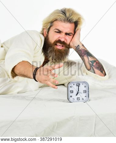 Hate Early Morning Awakening. Schedule. Getting To Bed On Time. Get Up Right Now. Stressed Man Alarm