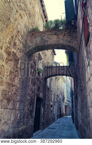 Omis Old Town Narrow Street With Stone Buildings, Croatia
