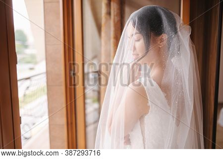 Bride On The Veil Stand By The Window And Wait For The Goom