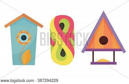 Bird Houses. Cartoon Vector Birdhouse Or Wooden House For Birds. Set Of Hanging Nesting Boxes For Ga