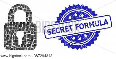Vector Collage Lock, And Secret Formula Textured Rosette Stamp Seal. Blue Stamp Has Secret Formula T