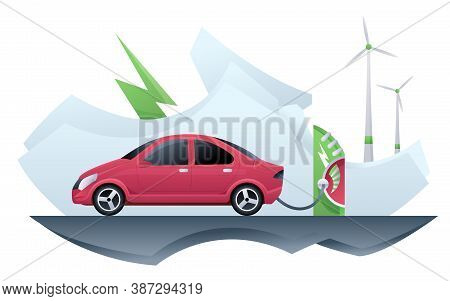 Electric Car Taxi. Electric Car Taxi Charging On Charger Station. Online Taxi And Windmill Alternati