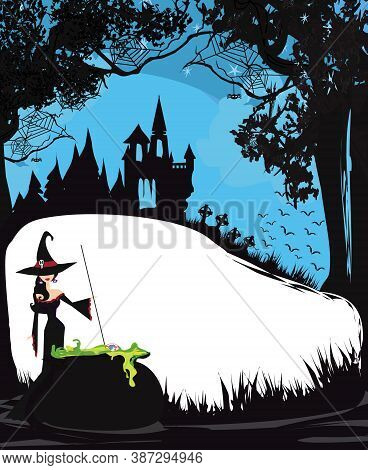 Halloween Night Frame With Scary Haunted Castle And A Witch Preparing Poison , Vector Illustration