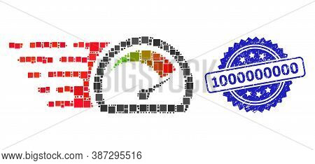 Vector Mosaic Speed Gauge, And 1000000000 Scratched Rosette Seal Imitation. Blue Stamp Seal Contains