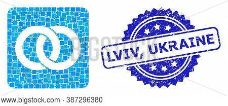 Vector Mosaic Wedding Rings, And Lviv, Ukraine Corroded Rosette Stamp Seal. Blue Stamp Seal Contains
