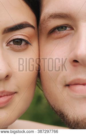 Close Up Portrait Of Groom And Bride In Park. Face To Face, Hulf Face