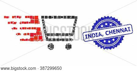 Vector Mosaic Shopping Cart, And India, Chennai Rubber Rosette Stamp Seal. Blue Stamp Seal Includes 