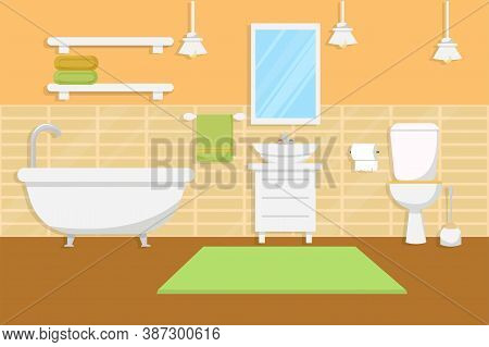 Bathroom Interior With Furniture In Flat Style Stock Vector Illustration. Bright, Colorful Compositi
