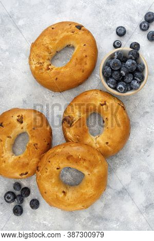 Bagels With Cinnamon And Blueberry, Top View. Pastry Food.