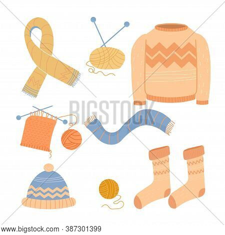 Bundle, Set Cozy Knitted Handcraft Scarf, Hat, Socks, Sweater And Knitting Accessories Isolated On W