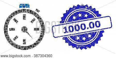 Vector Mosaic Timer, And 1000.00 Unclean Rosette Stamp. Blue Stamp Seal Contains 1000.00 Caption Ins