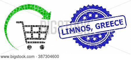 Vector Mosaic Repeat Shopping Cart, And Limnos, Greece Corroded Rosette Seal Imitation. Blue Stamp S