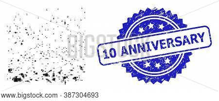 Vector Collage Powder Participles, And 10 Anniversary Grunge Rosette Stamp Seal. Blue Stamp Seal Inc