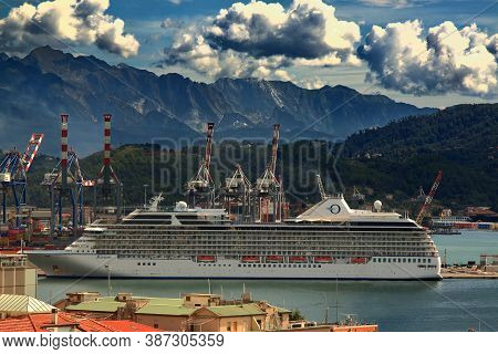 Laspezia, Italy - Summer 2020: Cruise Ship Moored At The Port Of Laspezia For Visit To The Five Land
