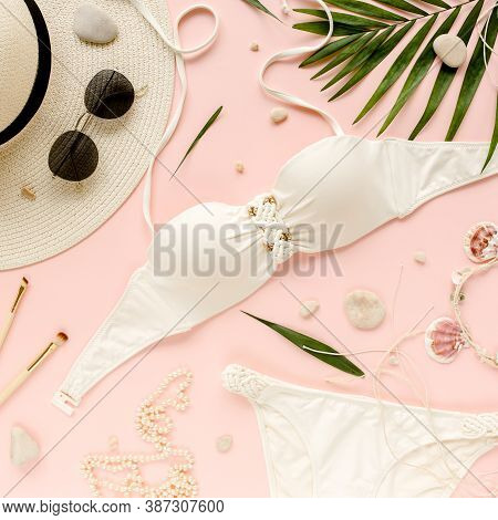 Traveler Accessories, Women Summer Bikini Set Swimsuit, Tropical Palm Leaf Branches On Pink Backgrou