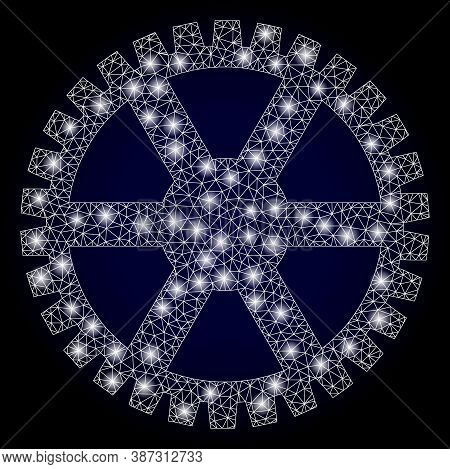 Glowing Mesh Network Clock Gearwheel With Glowing Spots. Illuminated Vector Model Created From Clock