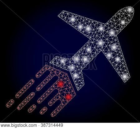 Glowing Mesh Network Air Liner With Glowing Spots. Illuminated Vector Model Created From Air Liner I