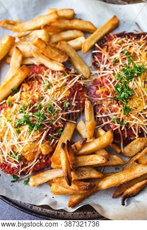 Healthy Plant-based Food Recipes Concept, Vegan Plant-based Schnitzel Parmi With Tomato And Dairy-fr