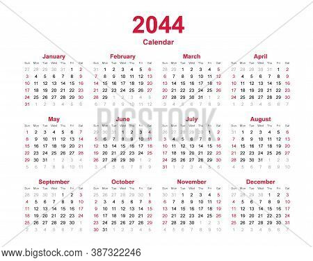 Calendar Year 2044. Week Starts On Sunday. Twelve Months Annual Calendar Vector Template On White Ba