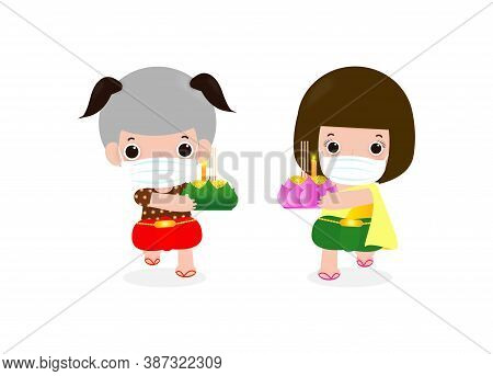 Loy Krathong Festival For New Normal Coronavirus Or Covid 19 And Cute Thai Children In Tradition Cos