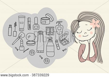 Woman Dreams Of Cosmetics. Nice Girl And Everything For Beauty And Face Care - Mascara, Shadows, Lip
