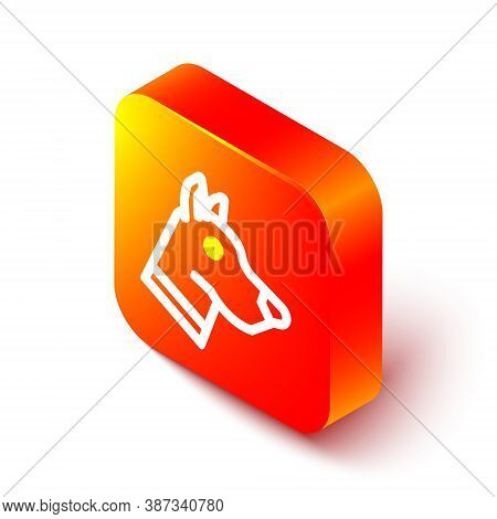 Isometric Line Dog Head Icon Isolated On White Background. Orange Square Button. Vector
