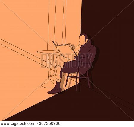 Old Man Sitting On The Empty Street And Reads A Newspaper Vintage Style. City Lifestyle And Street S