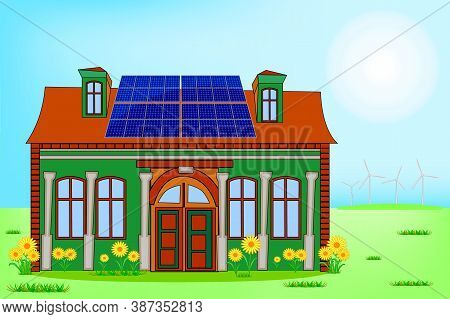 Solar Energy Home. Sustainable Eco Residential House With Blue Solar Panels On Red Roof. Green Energ