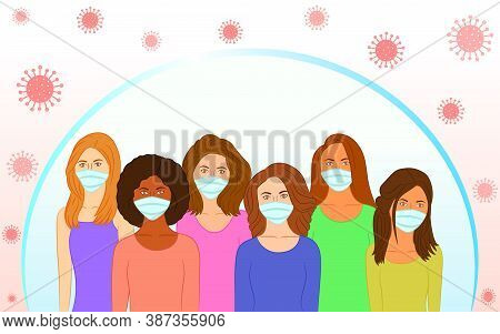 Group Of Women Wearing Medical Masks. Preventive Measures From Respiratory Disease, Virus Spread Out