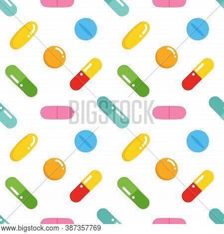 Vector Seamless Pattern Background With Colorful Pills, Vitamins, Medications, Food Suppliments For 