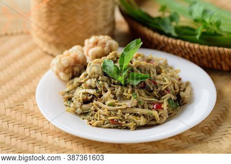 Northern Thai Food (yum Nor Mai), Spicy Bamboo Shoot Salad With Crab Paste Eating With Pork Rind, Gi