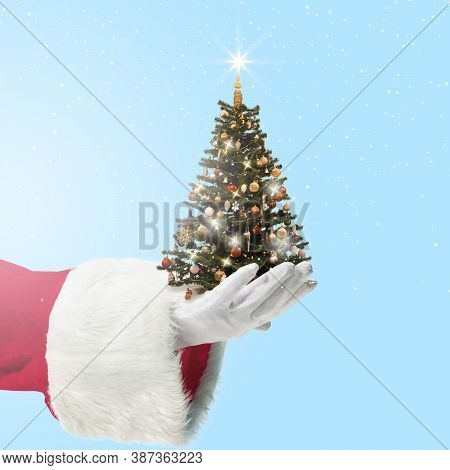 Santa Clauss Hand Holding Decorated Christmas Tree Isolated On Blue Background. New Year 2021, Copys