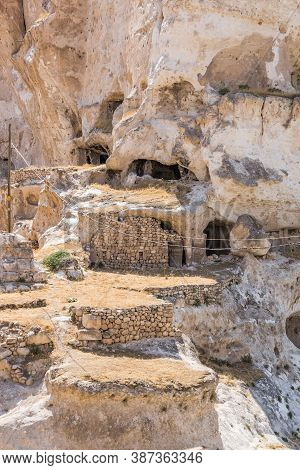 Panoramic View Of Hasankeyf Ancient Cave Houses, Turkey, Eastern Anatolia. Stone Walls, In Rocks, Hi