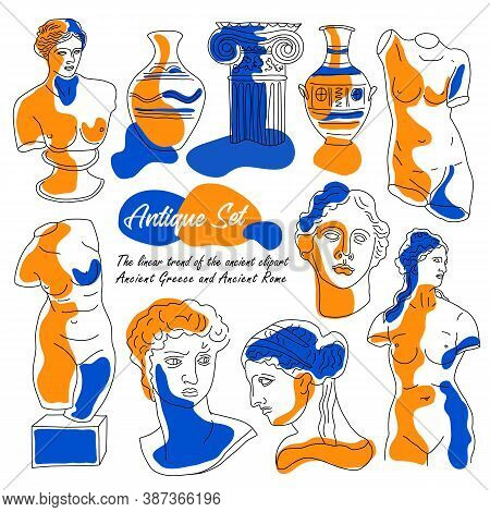 Ancient Greece And Rome Set Tradition And Culture Vector Set Collection. The Linear Trend Of The Anc
